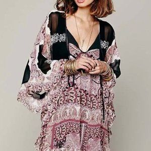 Free People Purple Marla's Dream Boho Festival Print Chiffon Tunic Mini Dress L.